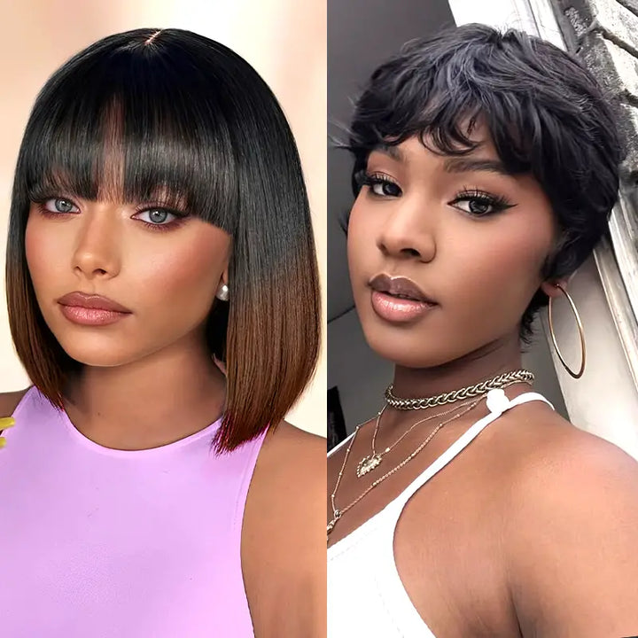 $99 = 2 Wigs | Ombre Chocolate Brown 2x6 Closure Lace Wig & Pixie Cut Short 1b Bob Human Hair Wig