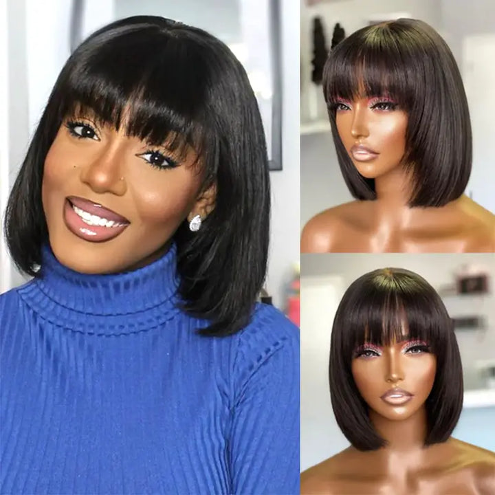2x6 Closure Lace Straight Human Hair Bob Wig With Bang