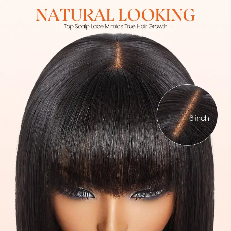 2x6 Closure Lace Straight Human Hair Bob Wig With Bang