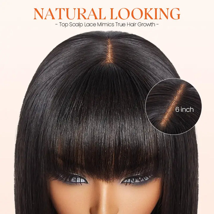 2x6 Closure Lace Straight Human Hair Bob Wig With Bang