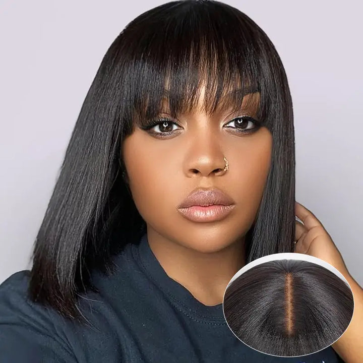 2x6 Closure Lace Straight Human Hair Bob Wig With Bang