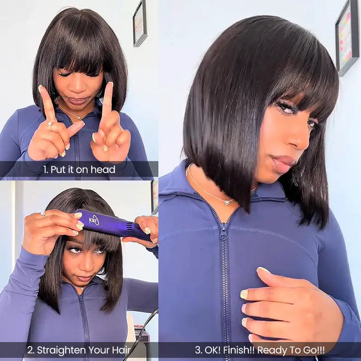 2x6 Closure Lace Straight Human Hair Bob Wig With Bang