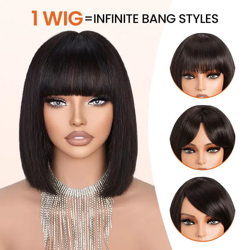 2x6 Closure Lace Straight Human Hair Bob Wig With Bang