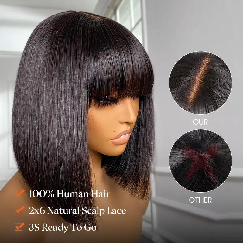 2x6 Closure Lace Straight Human Hair Bob Wig With Bang