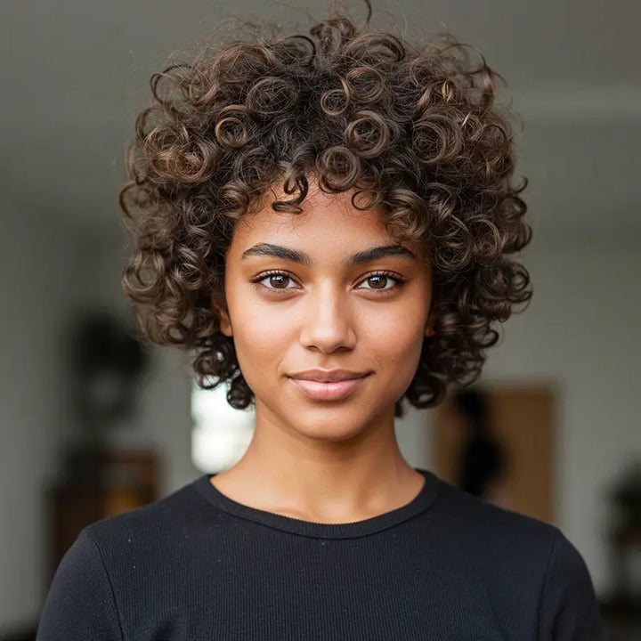 Egg Roll Bob Curly #1B Human Hair Wigs With Bang
