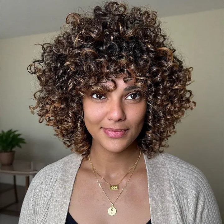 Egg Roll Bob Curly #1B Human Hair Wigs With Bang
