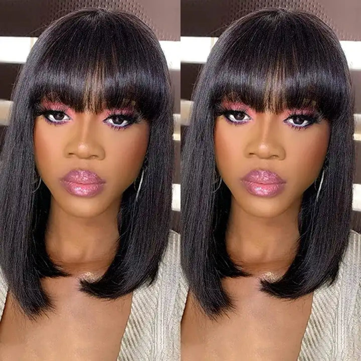 Put On & Go Realistic Yaki Bob with Bangs Human Hair Wig – Beginner Friendly
