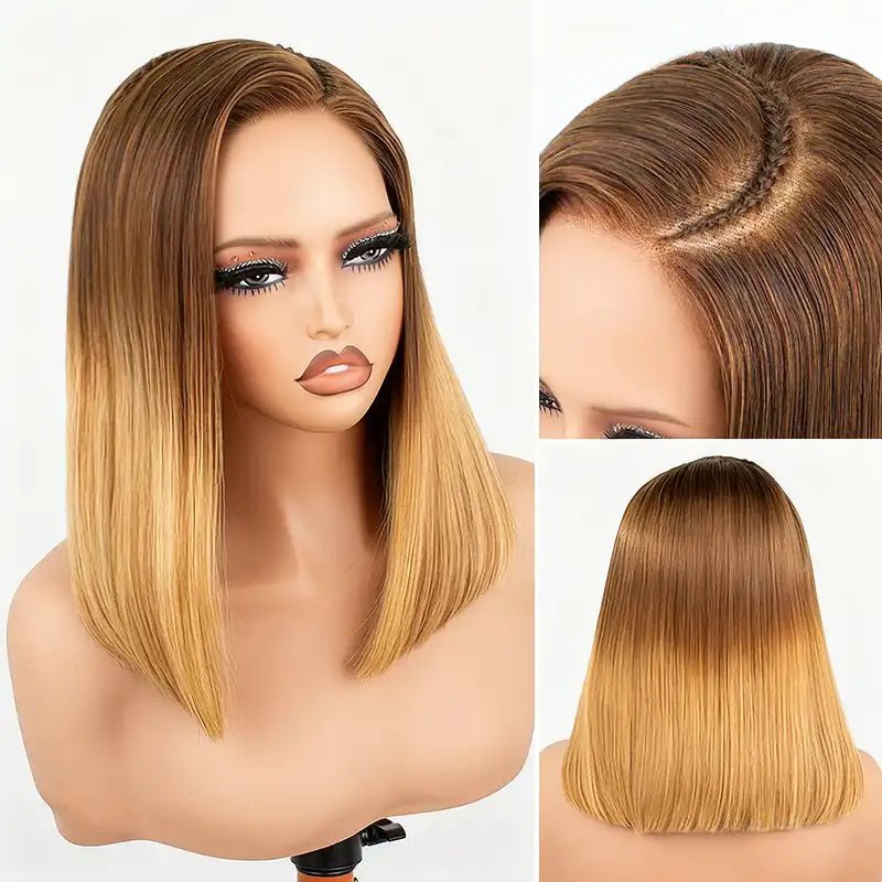 Side Braided Silky Straight Honey Blonde Glueless Bob 6x6 Lace Wig Human Hair