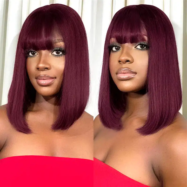 99J Human Hair Bob Wig with Bangs - Ready to Wear | No Glue, Beginner Friendly