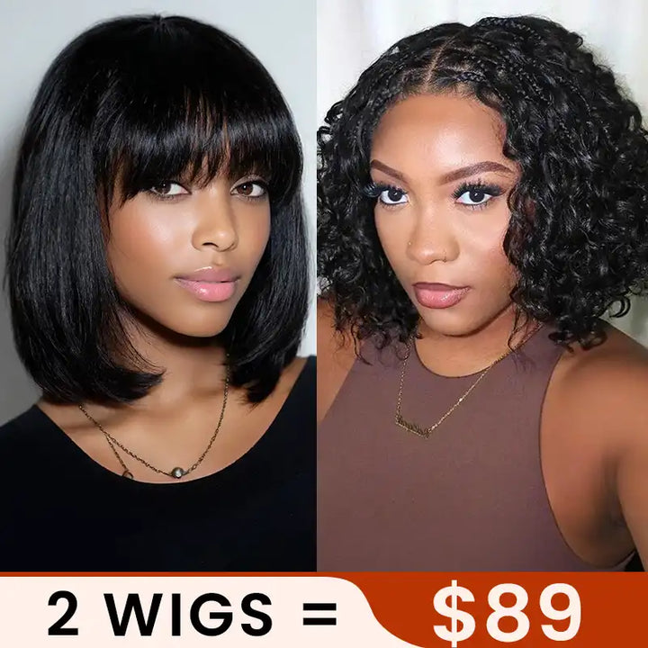 $89 = 2 Wigs | Bob Straight Wig With Bang & 5x5 Lace Pre-Braided Deep Curly Wig