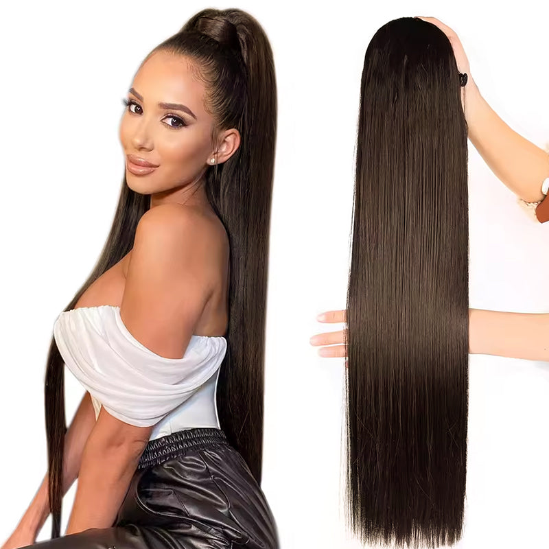 Extensión de cabello humano con cola de caballo recta y rizada con cordón para mujeres 