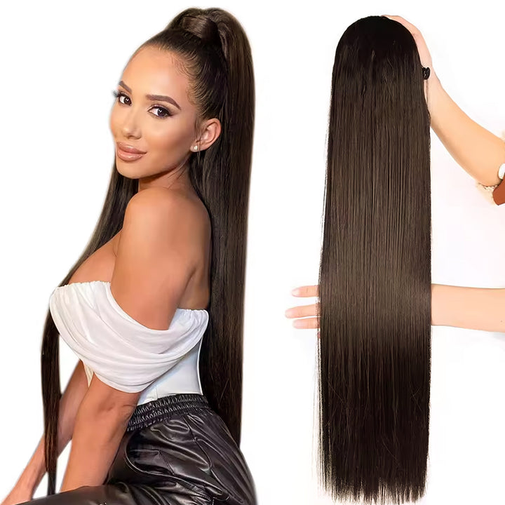 Extensión de cabello humano con cola de caballo recta y rizada con cordón para mujeres 