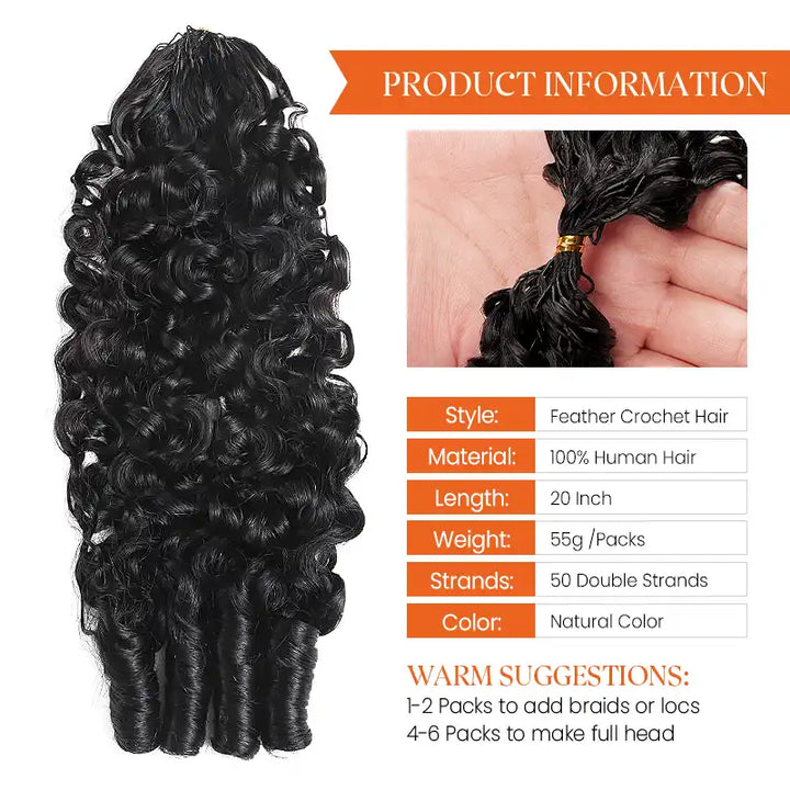 Natural Black Burmese Curly Feather Crochet Hair Extensions Human Hair
