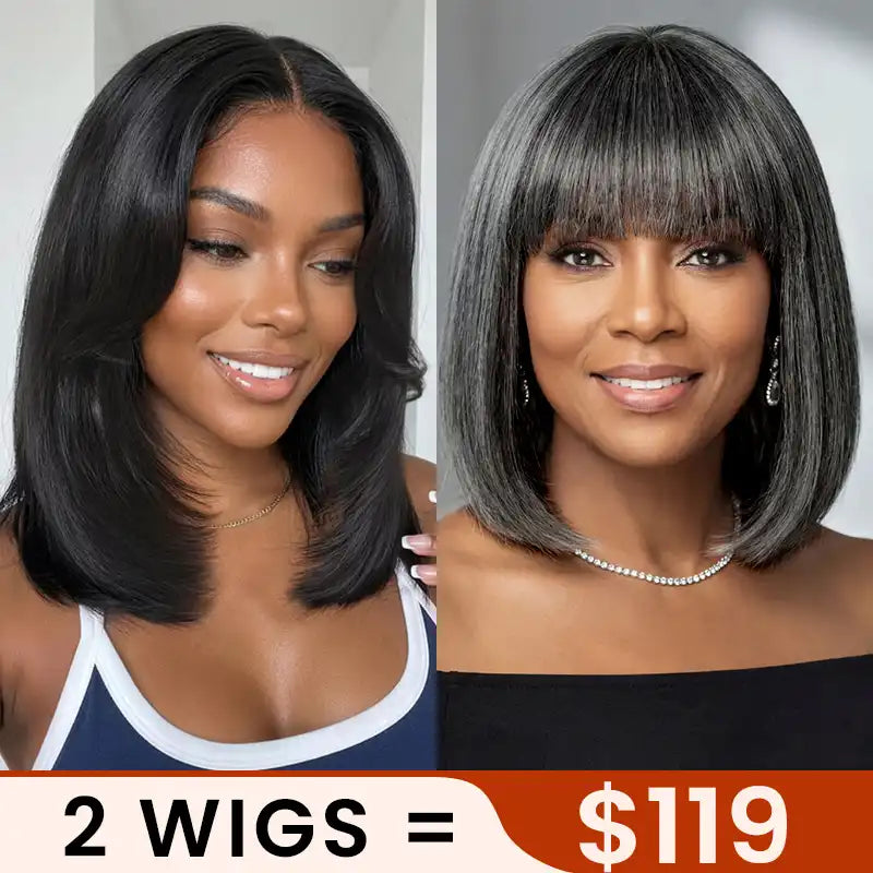 $119 = 2 Wigs | Pre-cut Layer 5x5 Lace Bob Wig Straight Wig & Salt And Pepper Wig With Bang