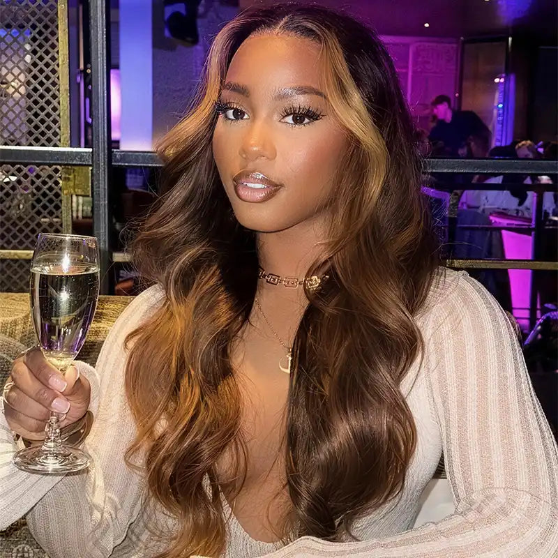 $99 =2 Wigs | 20" Highlight Brown 5x5 Lace Body Wave Wig & Human Hair Bob Wig with Bangs