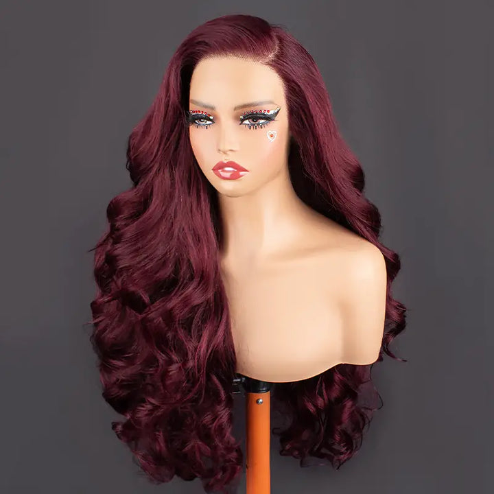Full Bouncy Curls 3D Body Wave, Dark 99J 13x4 Lace Front Wig, Pre-Plucked