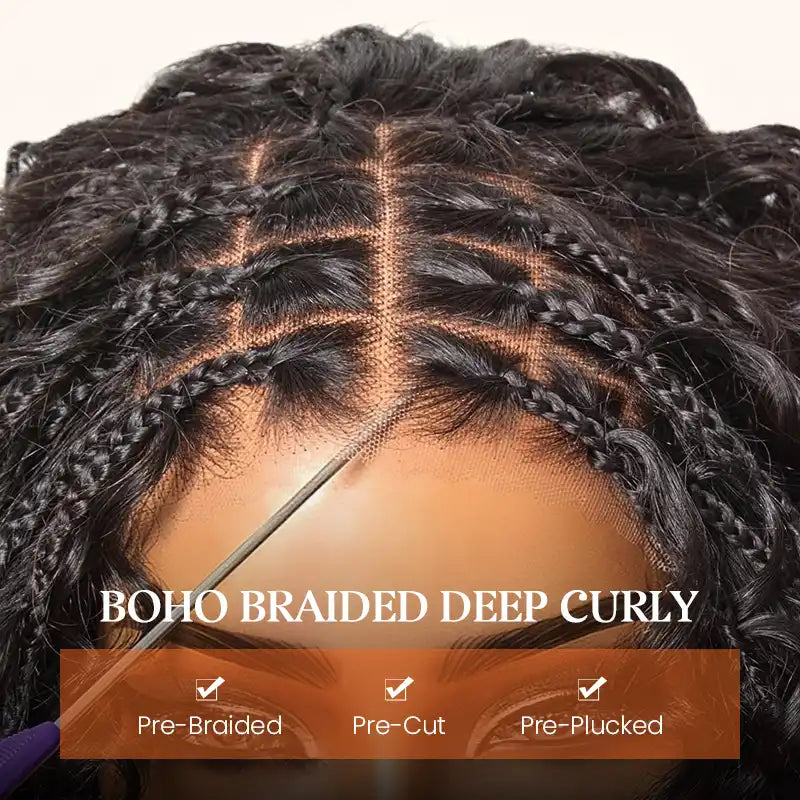 T1B/4 Boho Braided Curly Wig 5x5 HD Lace Drawstring Glueless Human Hair Wig