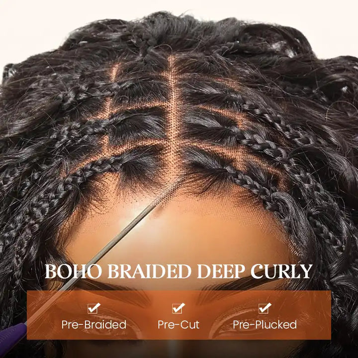 T1B/4 Boho Braided Curly Wig 5x5 HD Lace Drawstring Glueless Human Hair Wig