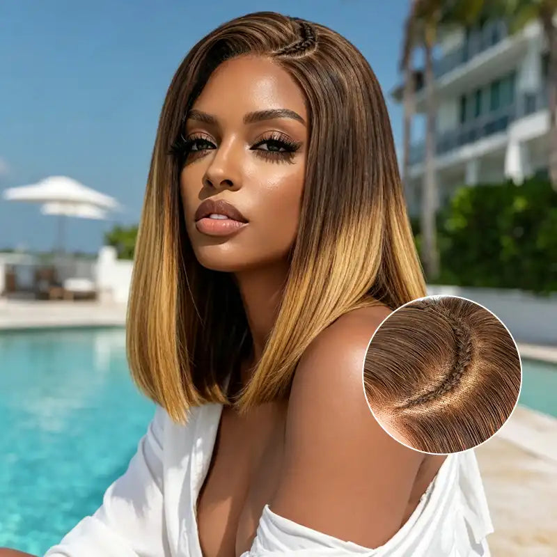 Side Braided Silky Straight Honey Blonde Glueless Bob 6x6 Lace Wig Human Hair