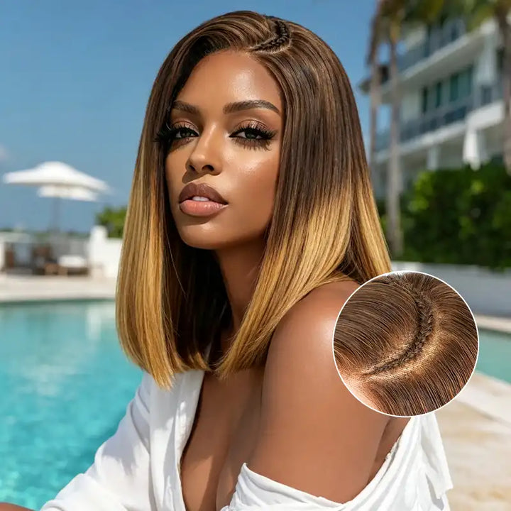 Side Braided Silky Straight Honey Blonde Glueless Bob 6x6 Lace Wig Human Hair