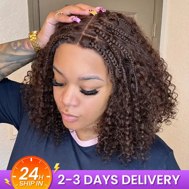 Chocolate Brown Boho Braided Deep Curly Glueless 5x5 Lace Human Hair Wig