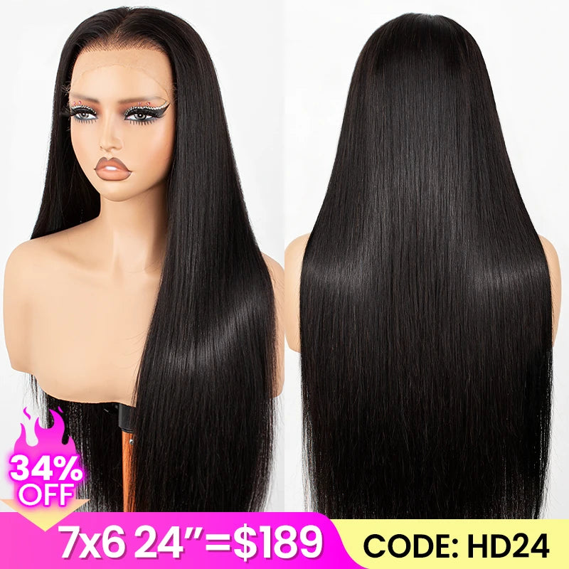 7x6 HD Lace Closure Straight Human Hair Wig Glueless Natural Hairline