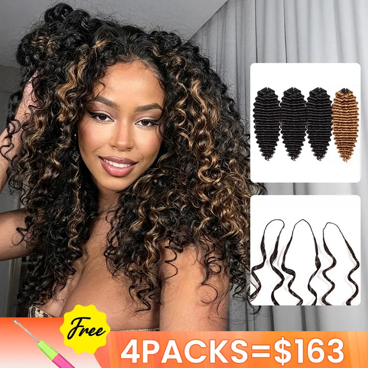 [4 Bundles] Colored Deep Curly Feather Crochet Human Hair Extensions
