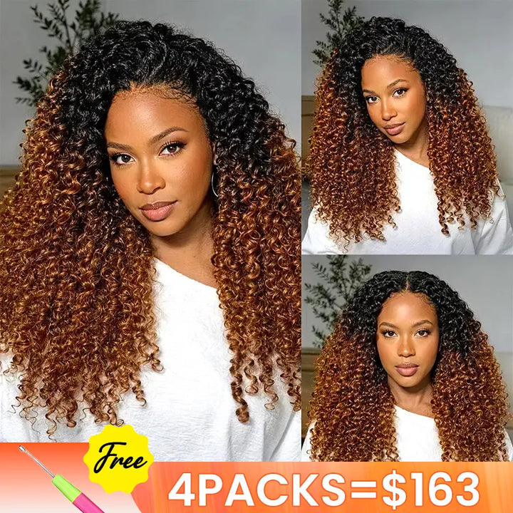 [4 Bundles] Ombre T1B/30 Jerry Curly Feather Crochet Hair Extensions 100% Human Hair