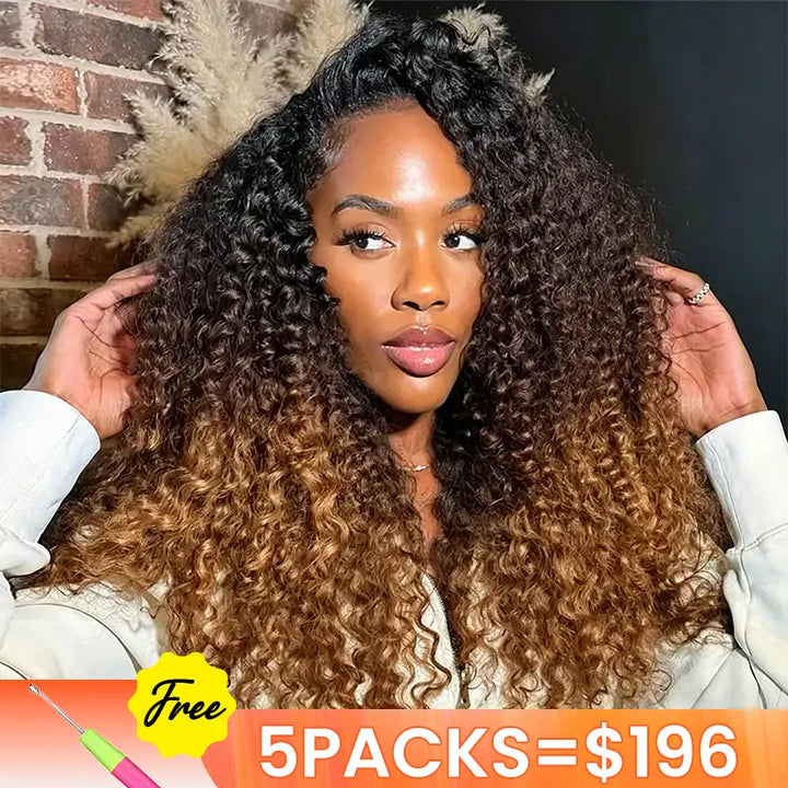 [5 Bundles] Ombre T1B/4/27 Jerry Curly Feather Crochet Hair Extensions 100% Human Hair