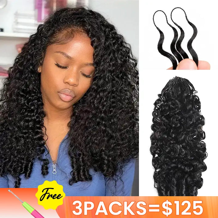 [3 Bundles] Natural Black Burmese Curly Feather Crochet Human Hair Extensions