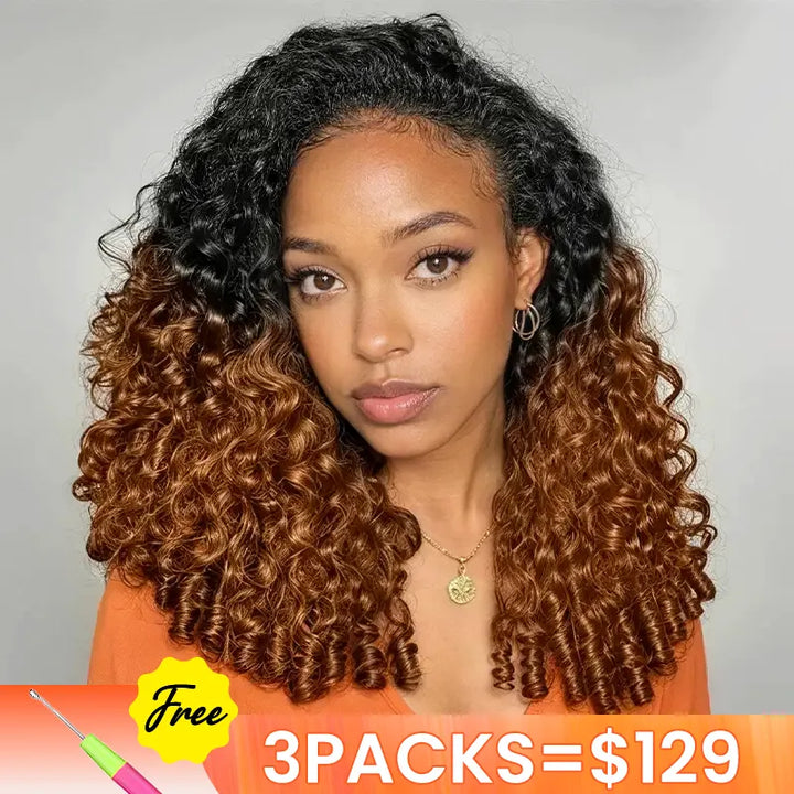 [3 Bundles] Ombre T1B/30 Burmese Curly Feather Crochet Human Hair Extensions