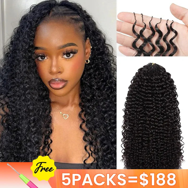 [5 Bundles] Natural Black Jerry Curly Crochet Hair Pre-Separated Feather Soft Human Hair Extensions