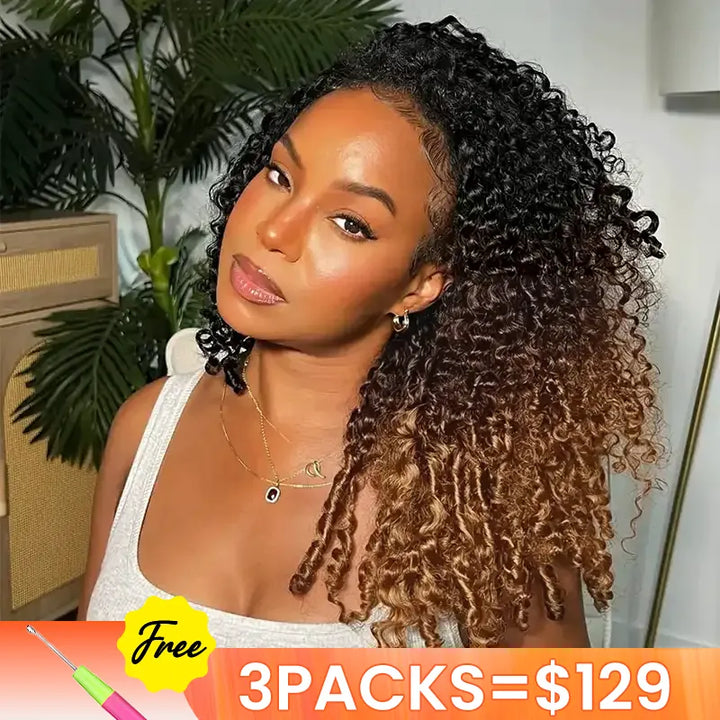 [3 Bundles] Ombre T1B/4/27 Burmese Curly Feather Crochet Human Hair Extensions