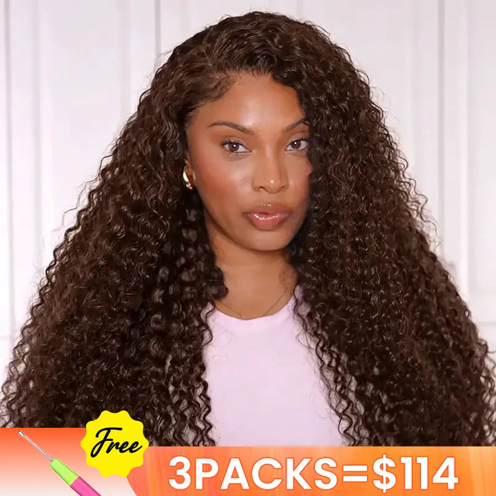 [3 Bundles] Chocolate Brown Jerry Curly Feather Crochet Hair Extensions 100% Human Hair