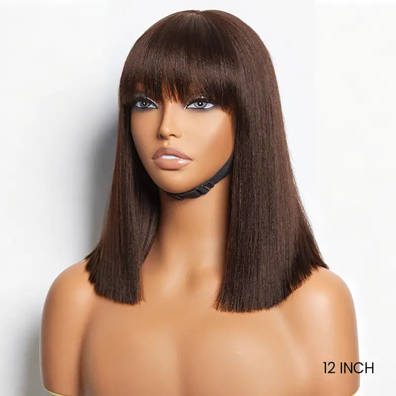 Put On & Go Realistic Yaki Bob with Bangs Human Hair Wig – Beginner Friendly