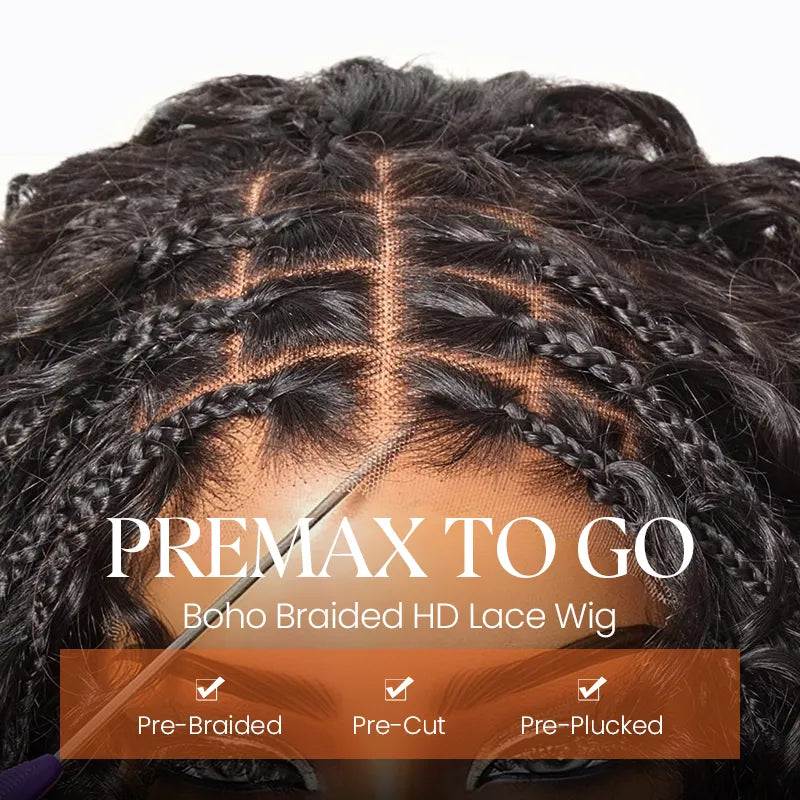 T1B/4 Boho Braided Curly Wig 5x5 HD Lace Drawstring Glueless Human Hair Wig