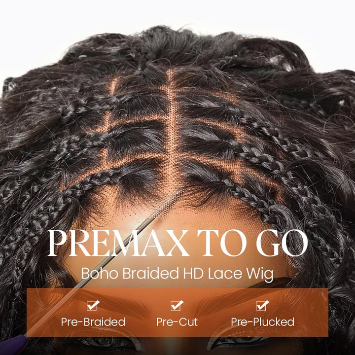 T1B/4 Boho Braided Curly Wig 5x5 HD Lace Drawstring Glueless Human Hair Wig