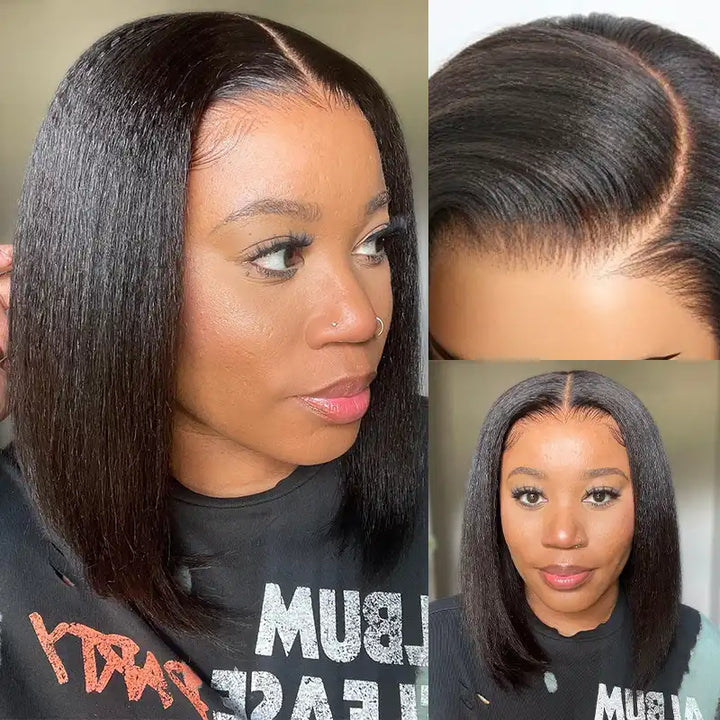 5x5 Lace Yaki Straight Bob Wig Drawstring Glueless Human Hair Wig
