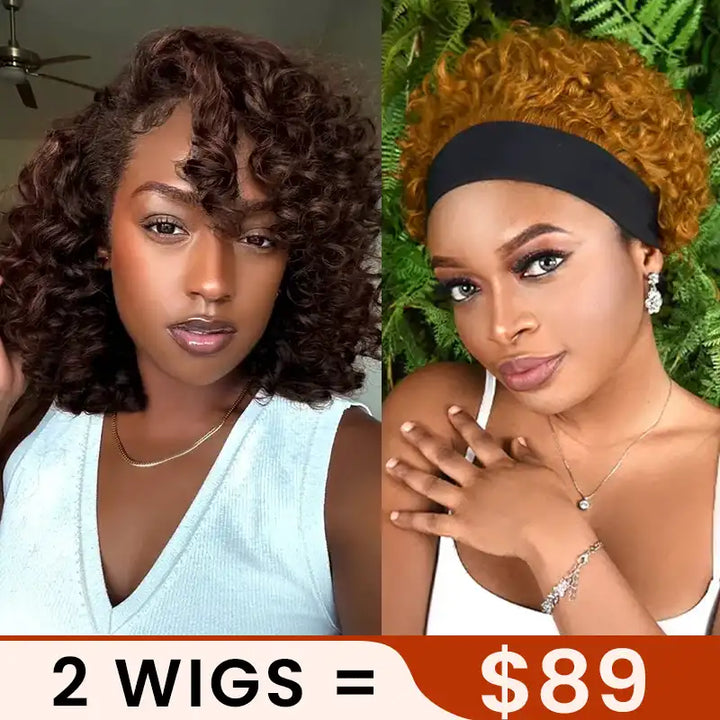 $89 = 2 Wigs | Chocolate Brown Spiral Curly 13x4 Lace Wig & Pixie Short Curly Headband Wig