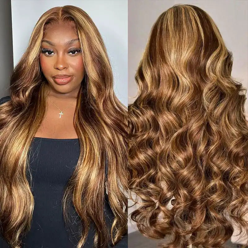 $99 =2 Wigs | 20" Highlight Brown 5x5 Lace Body Wave Wig & Human Hair Bob Wig with Bangs