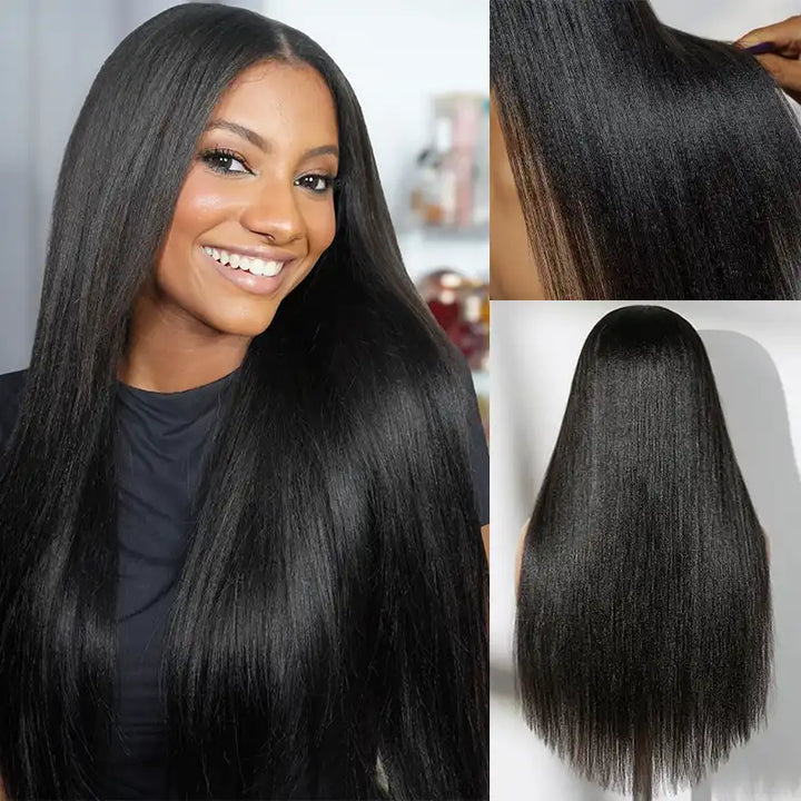 5x5 Lace Yaki Straight Bob Wig Drawstring Glueless Human Hair Wig