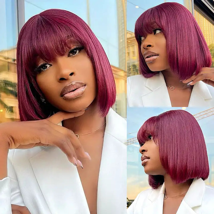 99J Human Hair Bob Wig with Bangs - Ready to Wear | No Glue, Beginner Friendly