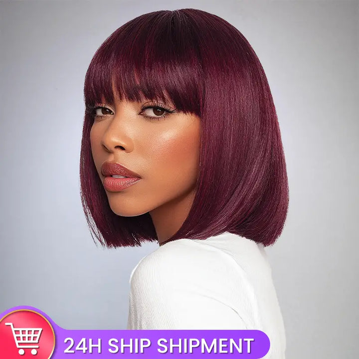 Beliana 99J Human Hair Bob Wig with Bangs - Ready to Wear | No Glue, Beginner Friendly