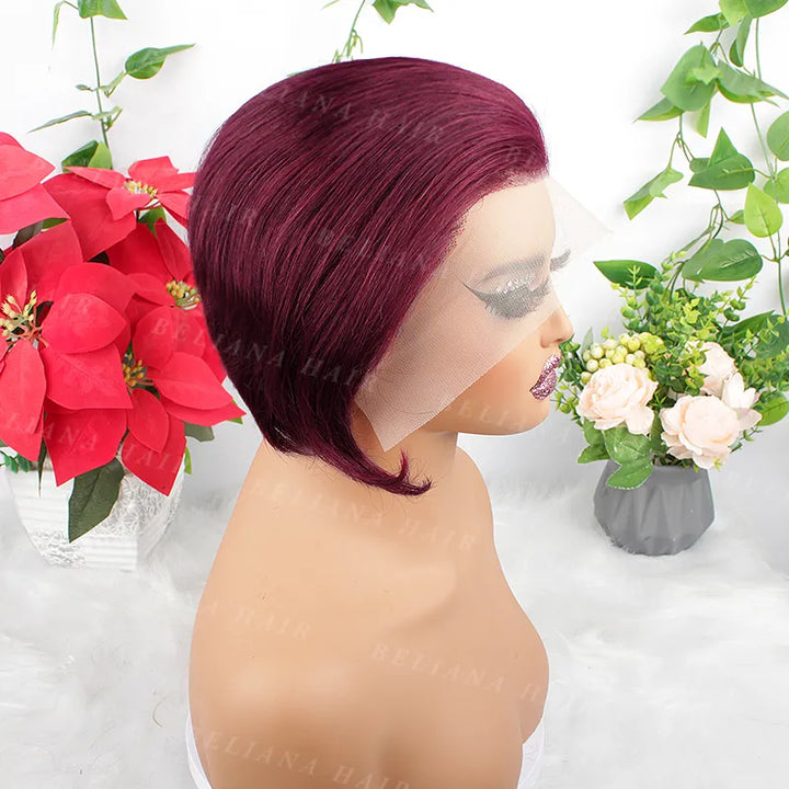 Perruque courte et lisse en cheveux humains coupe Pixie 99J, 13x4, avec dentelle transparente sur le devant 