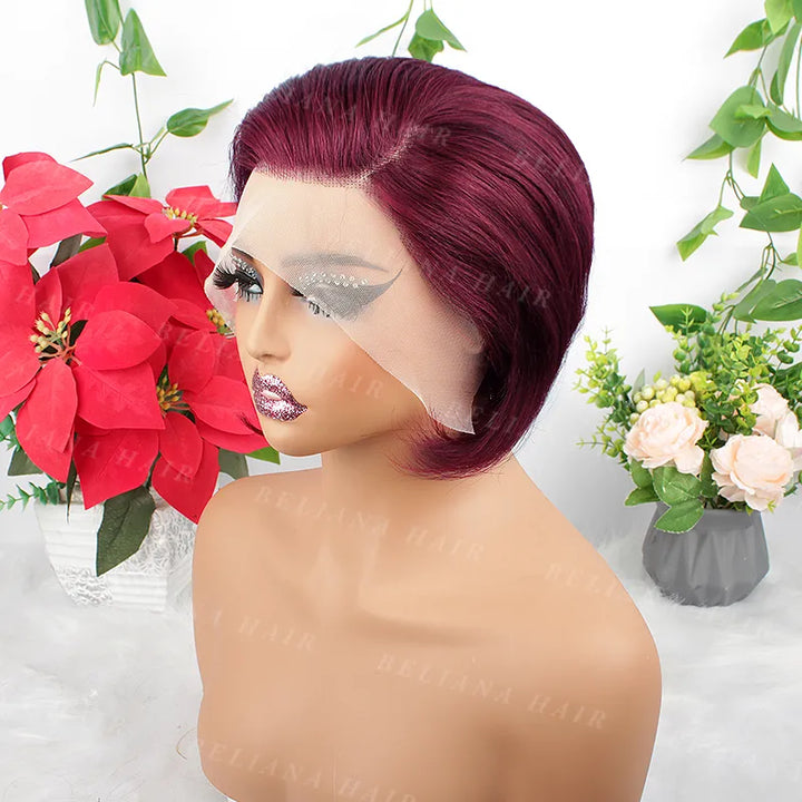 Perruque courte et lisse en cheveux humains coupe Pixie 99J, 13x4, avec dentelle transparente sur le devant 