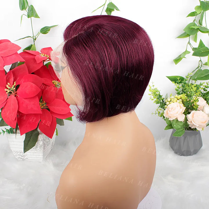 Perruque courte et lisse en cheveux humains coupe Pixie 99J, 13x4, avec dentelle transparente sur le devant 