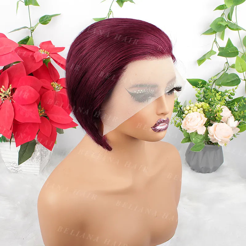 Perruque courte et lisse en cheveux humains coupe Pixie 99J, 13x4, avec dentelle transparente sur le devant 