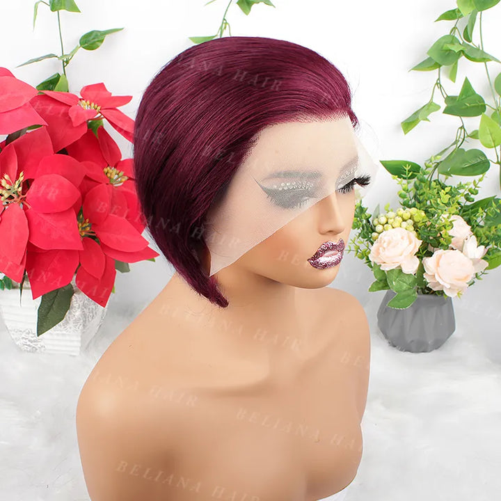 Perruque courte et lisse en cheveux humains coupe Pixie 99J, 13x4, avec dentelle transparente sur le devant 