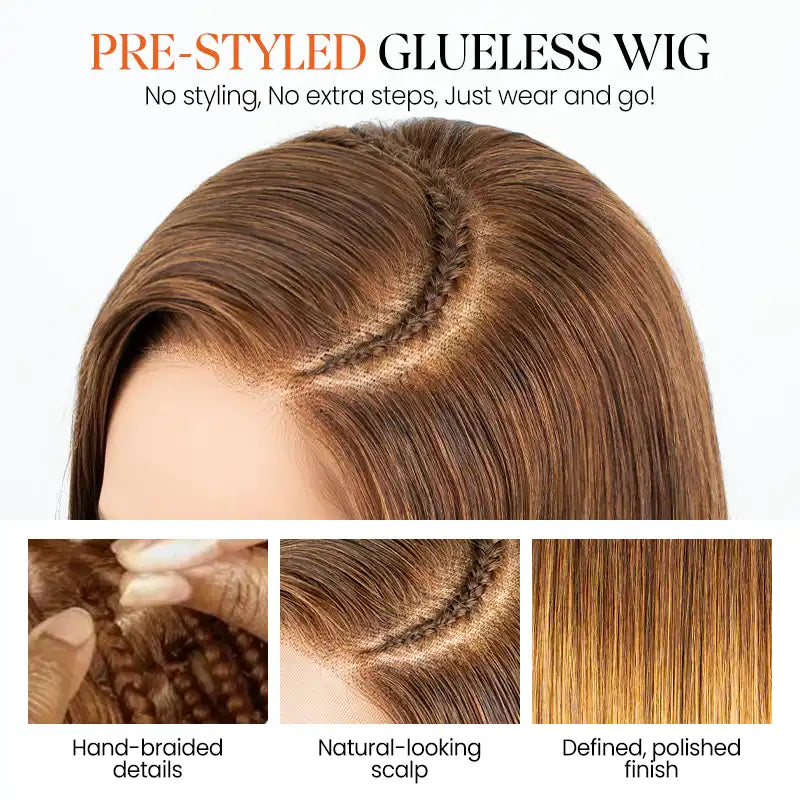Side Braided Silky Straight Honey Blonde Glueless Bob 6x6 Lace Wig Human Hair