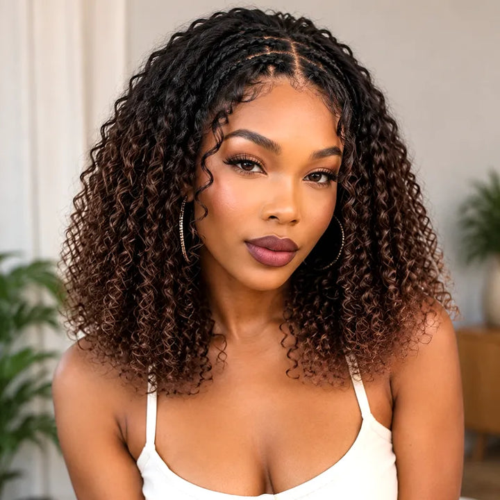 T1B/4 Boho Braided Curly Wig 5x5 HD Lace Drawstring Glueless Human Hair Wig